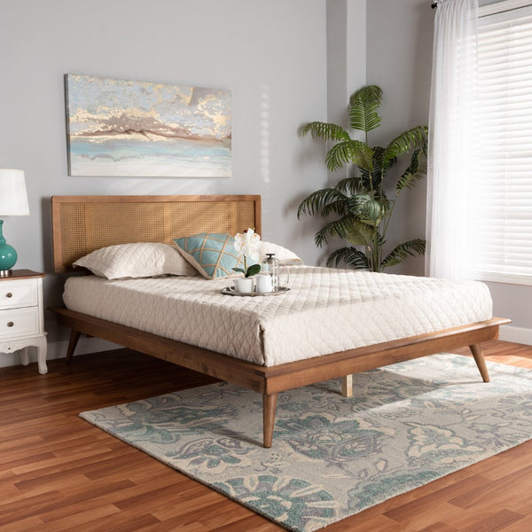 Baxton Studio Baxton Nura Mid-Century King Size Platform Bed with Walnut Finish & Rattan Headboard for Cozy Elegance Nura-Ash Walnut Rattan-King