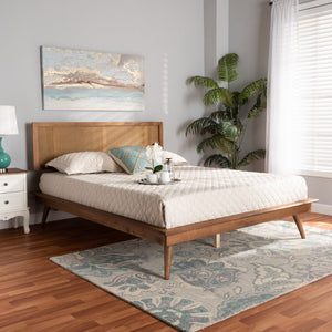 Baxton Studio Baxton Studio Nura Queen Platform Bed - Mid-Century Modern Walnut Finish & Rattan Headboard Design Nura-Ash Walnut Rattan-Queen
