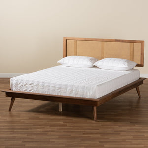 Baxton Studio Baxton Studio Nura Queen Platform Bed - Mid-Century Modern Walnut Finish & Rattan Headboard Design Nura-Ash Walnut Rattan-Queen