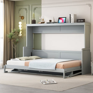 English Elm Queen Size Murphy Bed With Hydraulic Lift & Integrated Desk - Space-Saving Gray Design For Versatile Living N820S00033E-GIGA