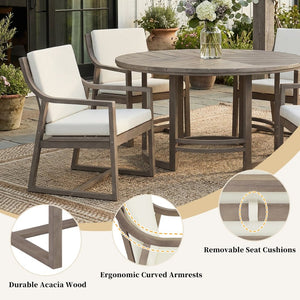 English Elm Outdoor Acacia Wood Dining Set Seats Six with Cushioned Armrest Chairs for Patio Beige+Brown N719Z000230D