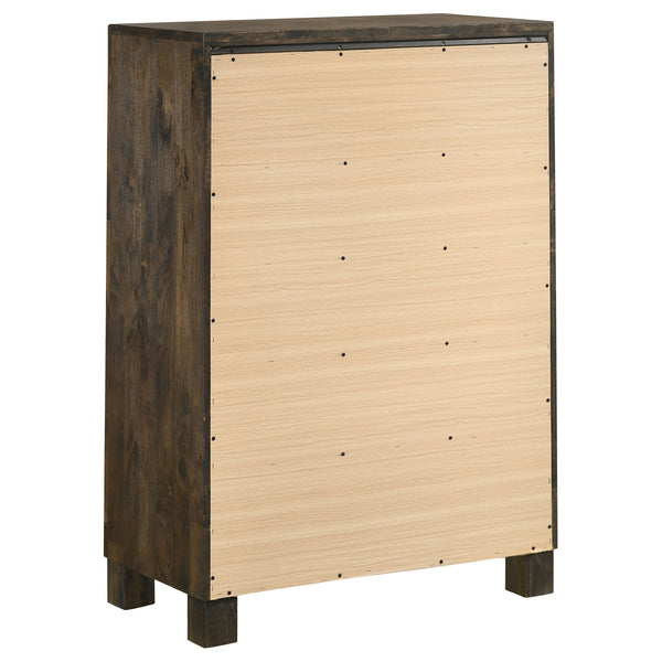 English Elm Greely Rustic Golden Brown 5-Piece Storage Bedroom Set — Eastern King Bed, Dresser, Chest, Nightstand, Mirror, Farmhouse Style B062S01004