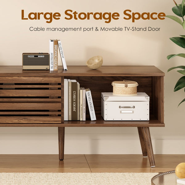 English Elm Mid Century Modern Fluted Wood Media Console with Storage Cabinets for Living Room Natural Walnut T3623P435373