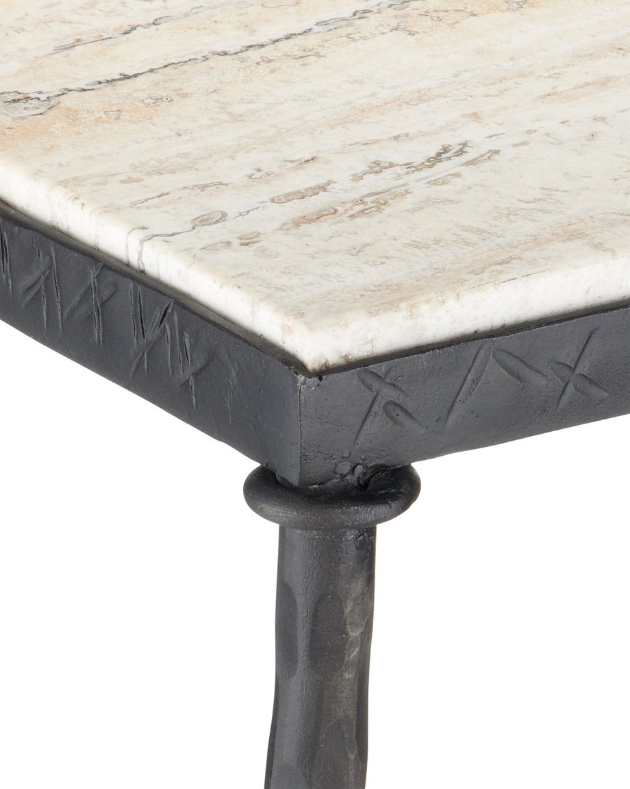Currey & Company Agora White Travertine Side Table - Elegant Greek-inspired Design With Bronze Hourglass Legs & Veining Black White Travertine ,Wrought Iron 4000-0243-currey-company