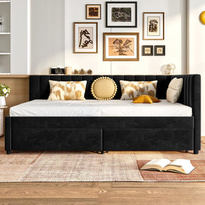 English Elm Full Velvet Daybed with Storage Drawers, L-Shape Upholstered Corner Frame, Black, No Box Spring Needed W1670S00025