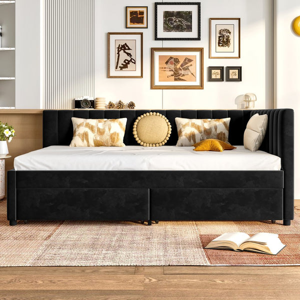 English Elm Full Velvet Daybed with Storage Drawers, L-Shape Upholstered Corner Frame, Black, No Box Spring Needed W1670S00025