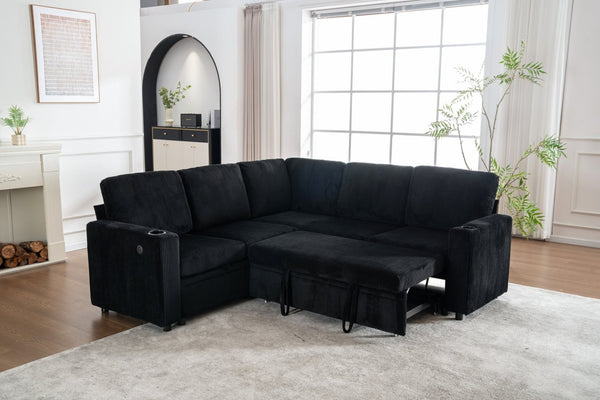English Elm Sectional Corduroy Sleeper Sofa with Storage and Charging Ports for Small Spaces Black W1361S00078
