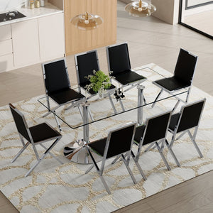 English Elm Table and Chair Set Tempered Glass Top with Silver Metal Frames Seats 8 Dining Black+Silver W1151S04768