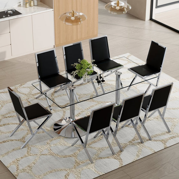 English Elm Table and Chair Set Tempered Glass Top with Silver Metal Frames Seats 8 Dining Black+Silver W1151S04768