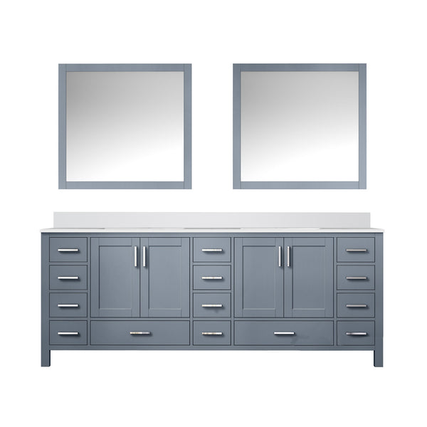 English Elm Dark Grey Double Bath Vanity 84" W x 22" D with White Quartz Top, Soft-Close Drawers & Two Mirrors B2731S00849