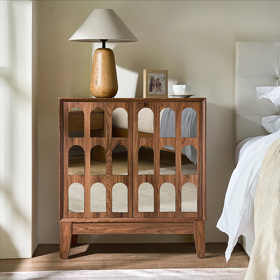 English Elm Double Door Cabinet Walnut Sideboard with Mirror-Style Accents, Removable Shelves & Solid Wood Legs W3417P388709