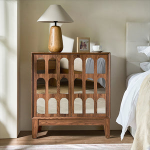 English Elm Double Door Cabinet Walnut Sideboard with Mirror-Style Accents, Removable Shelves & Solid Wood Legs W3417P388709