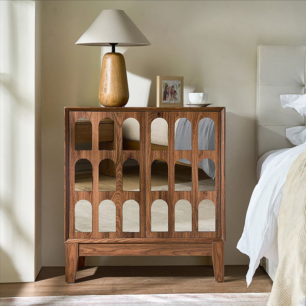 English Elm Double Door Cabinet Walnut Sideboard with Mirror-Style Accents, Removable Shelves & Solid Wood Legs W3417P388709