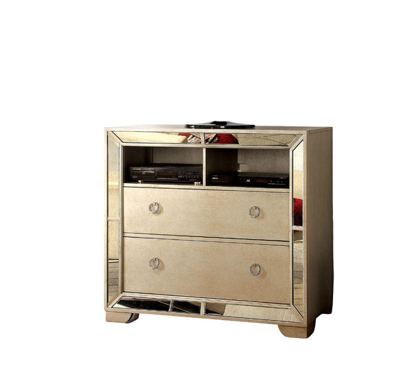 English Elm Unique Luxury Media Chest 46" W Champagne Gray Finish with Antique Mirror Panels, Tufted Glam Design, Ring Pulls B2741P367198