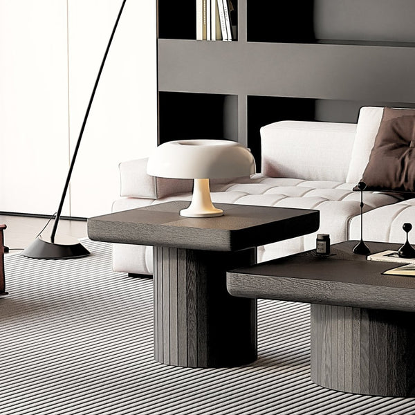 English Elm 23.6'' Square Wood Veneer Accent Table Parquet Top Sculptural Cylindrical Base Matte Finish W1435P419310
