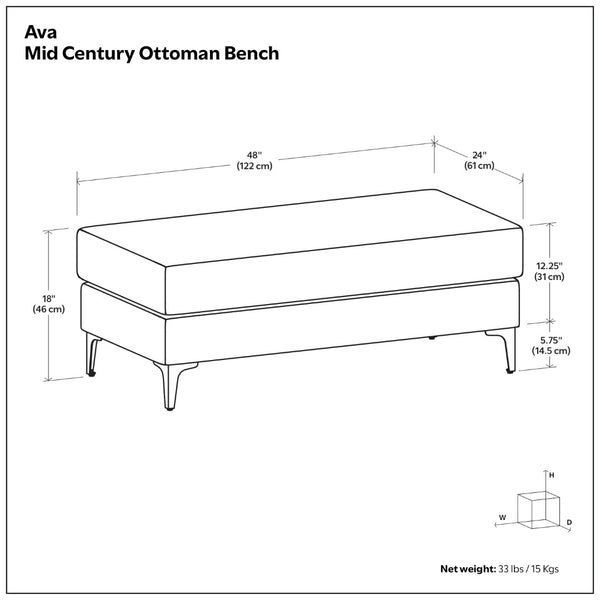 English Elm Ava Mid Century Upholstered Bench Ottoman with Powder Coated Legs for Living Room Gray B136P436945