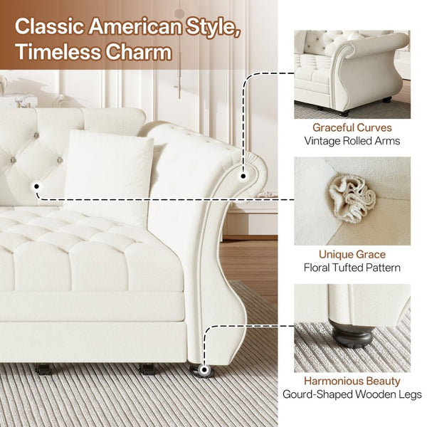 English Elm 97.6" Oversized Velvet Chesterfield Sleeper Sofa Floral Tufted Roll Arm Living Room Couch Beige White W1885S00397