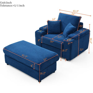English Elm Oversized Corduroy Accent Chair with Ottoman Neck Pillow and Wide Armrests for Cozy Reading Blue W1117S00251