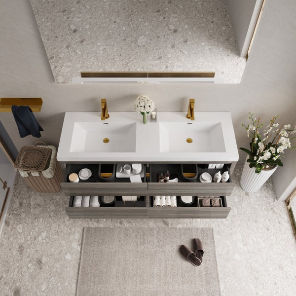 English Elm 60" Floating Bathroom Vanity Stone Resin Double Sink Soft Close Cabinet Spa Modern Grey Ash W1573P211188