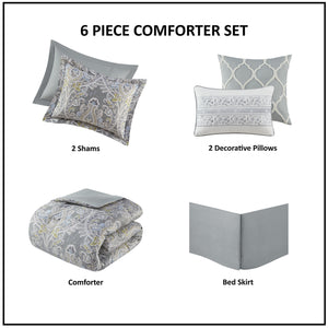 English Elm 6 Piece Cotton Comforter Set - Elegant Grey Damask King Bedding With Decorative Pillows & Bedskirt B03595746