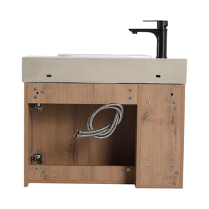 English Elm 26'' Wall-Mounted Bathroom Vanity with Glossy White Ceramic Sink, Soft-Close Door & Waterproof Finish Imitative Oak W999P310752
