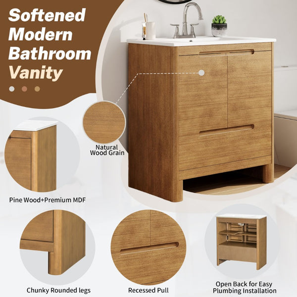 English Elm [video] 30 Inch Freestanding Bathroom Vanity Pine Legs Ceramic Sink Soft Close Storage Natural N759P412928N