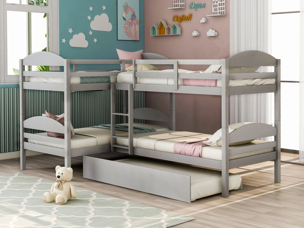 English Elm Twin L-shaped Mission Bunk with Trundle Sleeps Five Solid Pine Kids Room Bed LT000024AAE-1