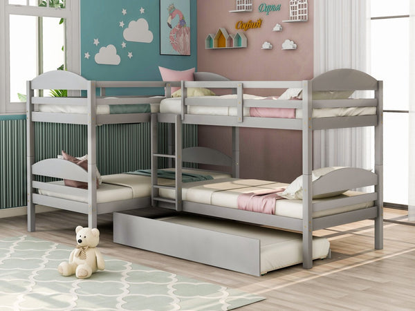 English Elm Twin L-shaped Mission Bunk with Trundle Sleeps Five Solid Pine Kids Room Bed LT000024AAE