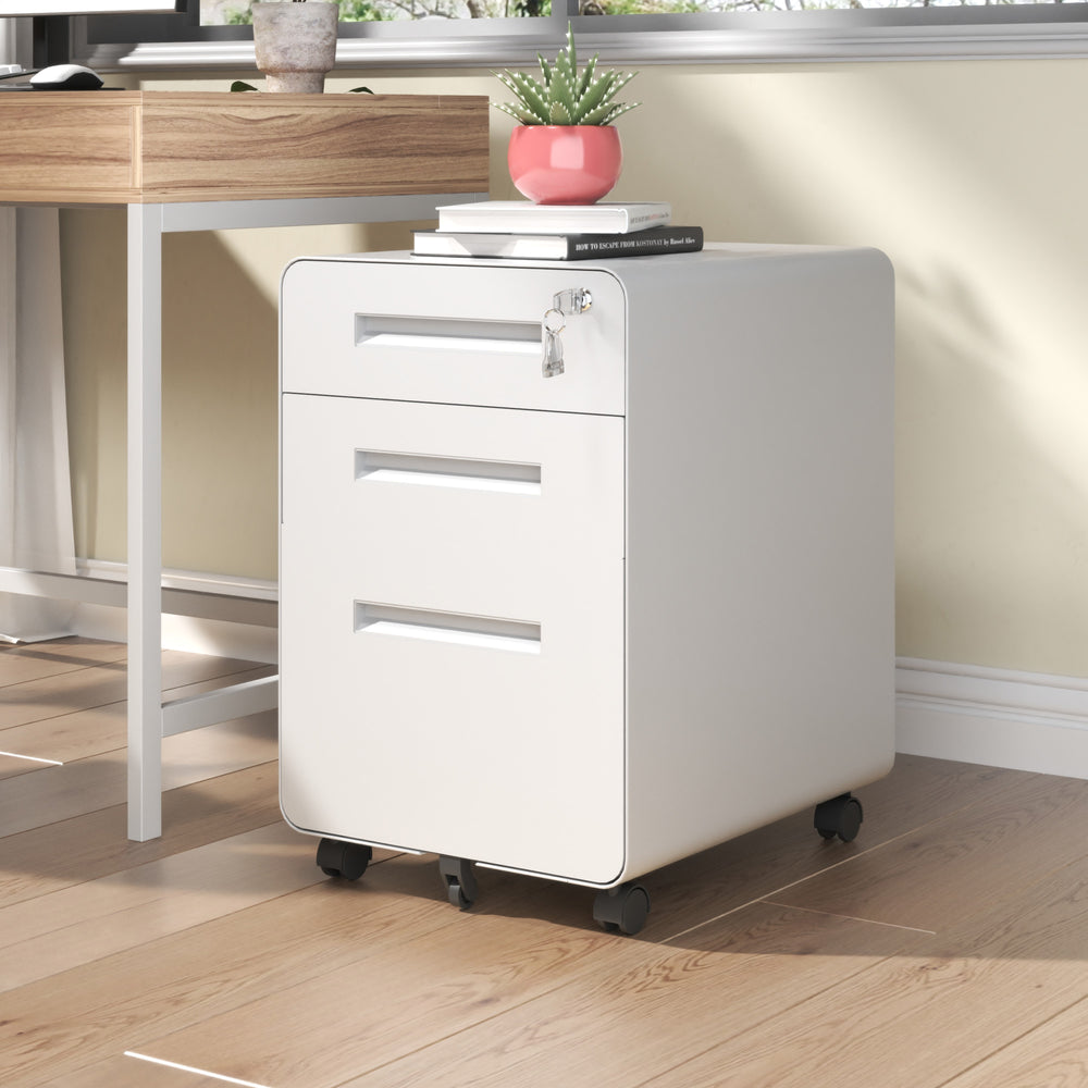 English Elm 3-Drawer Mobile File Cabinet With Lock - Durable All-Steel Storage On Casters For Home & Office Use T2398P391280