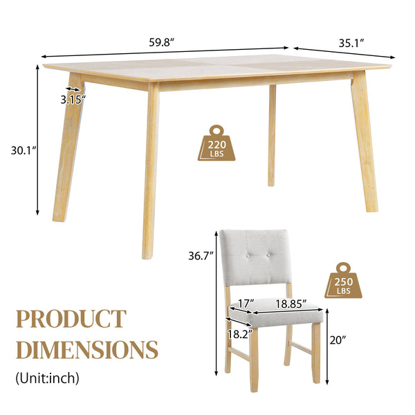 English Elm 5 Piece Dining Set Rustic Farmhouse Rectangular Table with 4 Upholstered Chairs Solid Wood Seats for 4 Natural Wood Wash N752S400015D