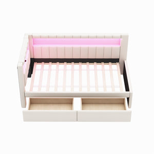 English Elm Upholstered Twin Platform Bed with USB Ports, LED Light Belt, Linen Backrest & 2 Storage Drawers White DL001926AAK