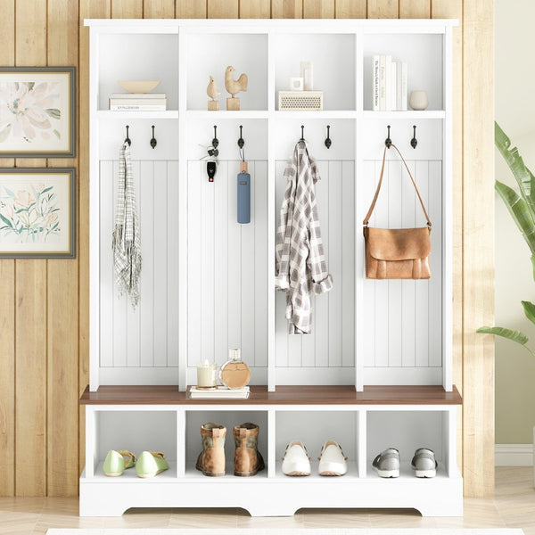 English Elm Farmhouse Hall Tree with Triple Arch Back Panel Eight Hooks Drawers and Entryway Bench White N721S000075K
