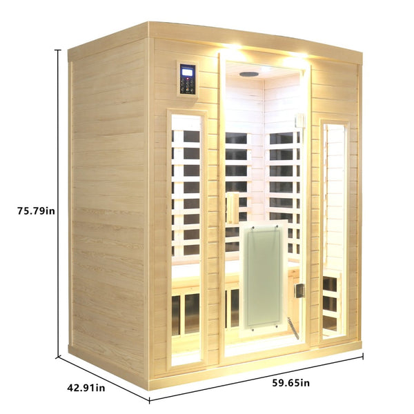 English Elm Low Emf Far Infrared Three Person Hemlock Sauna with Glass Door Heating Panels W632S00030