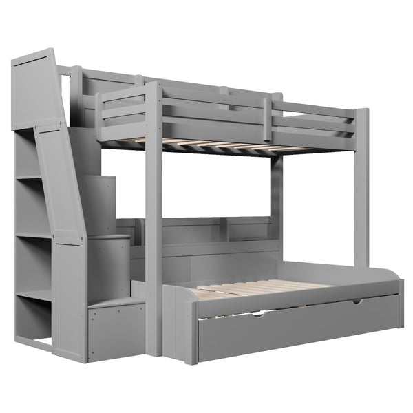 English Elm Twin Over Full Bunk Bed with Stair Drawers Shelves Led Lighting and Usb Port Grey N7090005013E