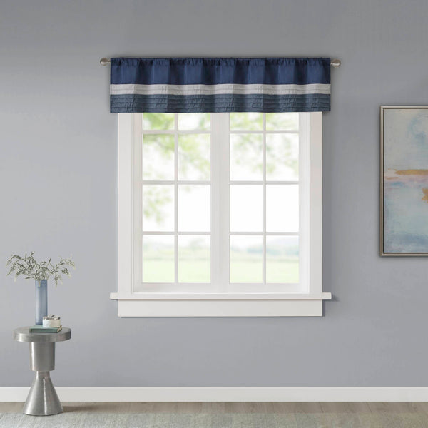 JLA Home Madison Park - Polyoni Pintuck Window Valance with Lined Striped Texture, Tailored Fullness & Easy Rod Pocket Navy MP41-2231