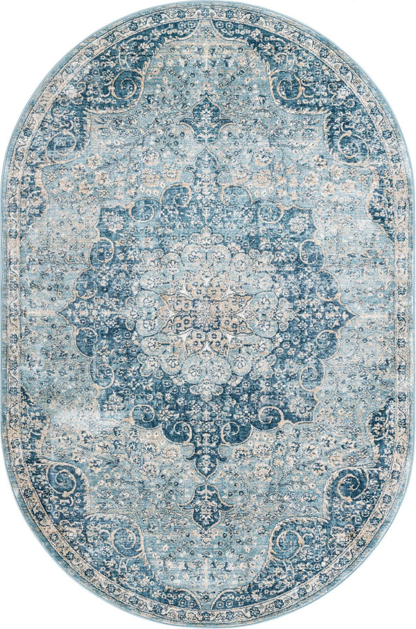 Unique Loom Newport Elms Machine Made Medallion Rug Navy Blue, Light Blue/Ivory 5' 3" x 8' 0"