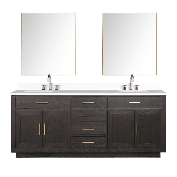 English Elm Brown Oak Double Bath Vanity Set With Cultured Marble Top, Faucets, & 36" Mirrors For Elegant Upgrade B2731S01807