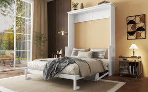 English Elm Queen Murphy Wall Bed with Integrated Desk Gas Strut Lift White Cabinet for Small Spaces White W504S00216