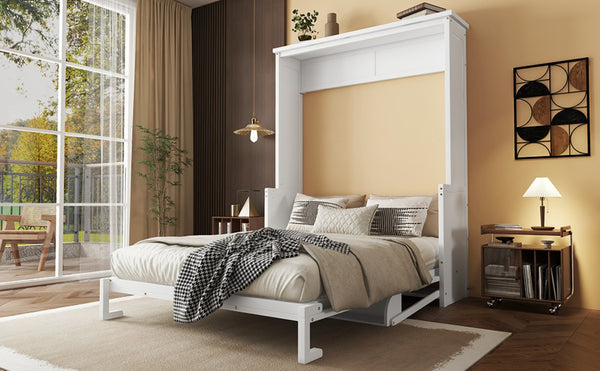 English Elm Queen Murphy Wall Bed with Integrated Desk Gas Strut Lift White Cabinet for Small Spaces White W504S00216