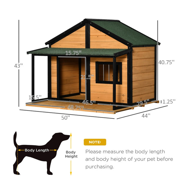 English Elm Dog House Outdoor Raised Fir Wood Cabin with Porch Side Window and Asphalt Roof T3971S00056