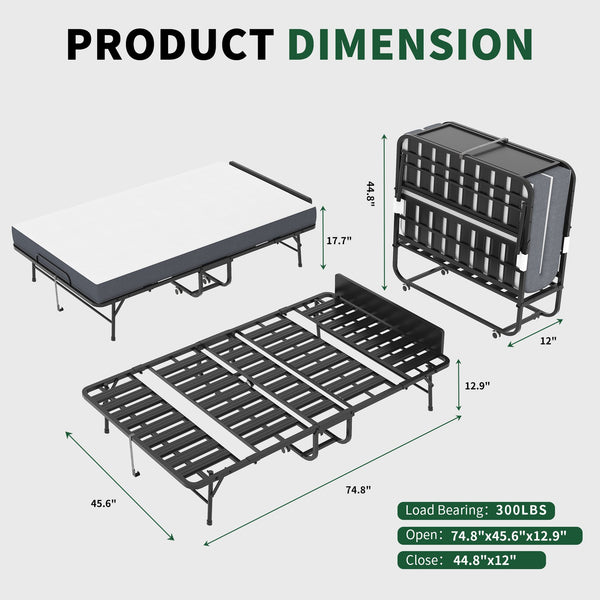 English Elm 75"x46" Wide Folding Bed with 5" Memory Foam, Adjustable Headboard, 450lb Heavy-Duty Frame, Wheels — Portable Comfort for Tall Guests T2398P403869
