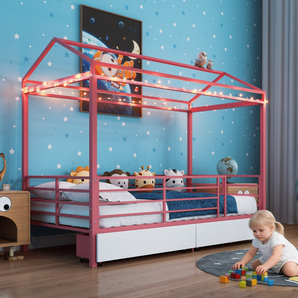 English Elm Metal Twin Over Bunk Bed with Full Guardrail Ladder and Convertible Iron Frame W3752S00017
