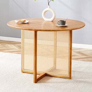 English Elm Chinese Solid Wood Round Table - Rustic Retro Design With Imitation Rattan For Dining & Office Spaces W1151P154825
