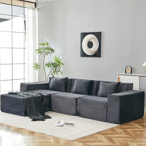 English Elm L-shaped Corduroy Sectional with Ottoman Three Seat Modular Sofa for Modern Living Dark Gray W2699S00080