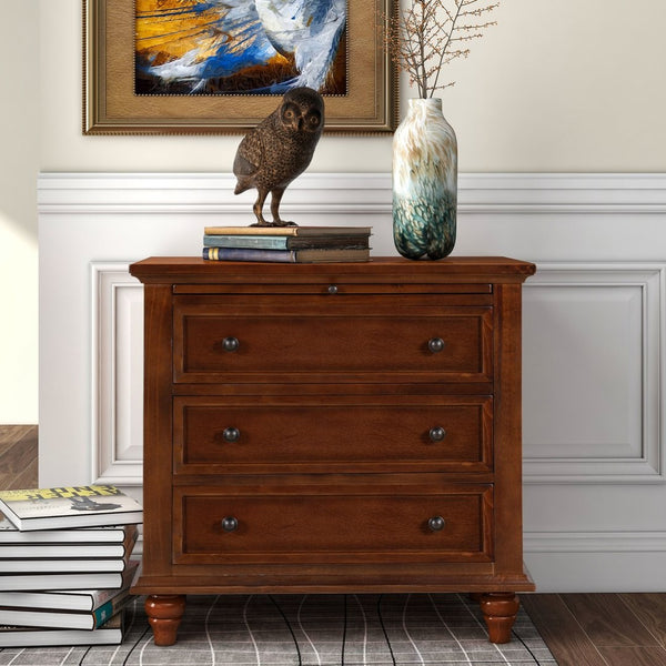 English Elm U_style Minimalist 3 Drawer Nightstand with Pull Out Tray Rubberwood Legs Bedroom Storage Brown WF319367AAD
