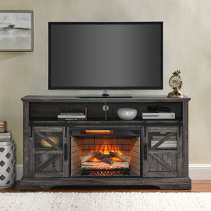English Elm 60 Inch Farmhouse Electric Fireplace Tv Stand with Led Flame and Cabinet Storage Dark Oak W1769S00003