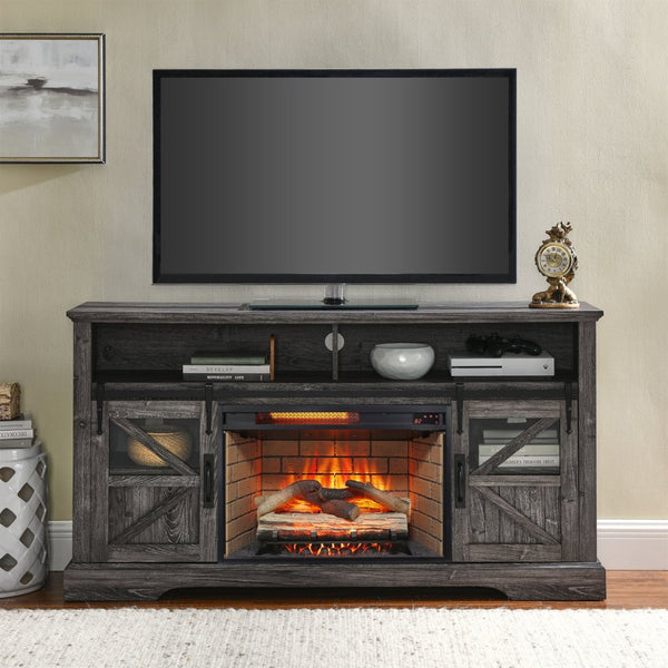 English Elm 60 Inch Farmhouse Electric Fireplace Tv Stand with Led Flame and Cabinet Storage Dark Oak W1769S00003