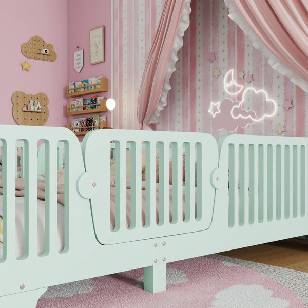 English Elm Full Size Montessori Floor Bed with Safety Fence Mdf Frame for Kids Bedroom W2593P381119