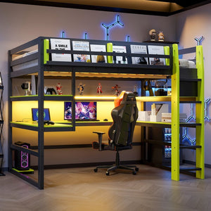 English Elm Full Size Gaming Loft Bed with Rgb Lights Wraparound Shelves and Built-in Usb Ports Green LT000299AAF