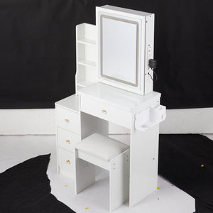 English Elm 29.2" Stylish Compact Vanity Table Set With Led Mirror, Usb Ports, Hair Dryer Bracket & Stool W936P226042